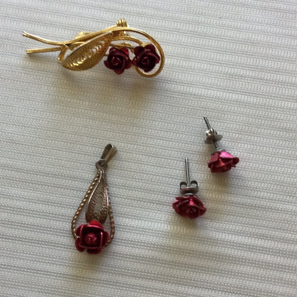 Rose Brooch, Pendant and Earrings Set